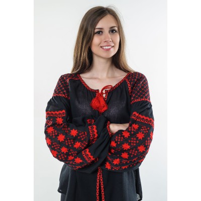 Sale!! Boho Style Ukrainian Embroidered Folk  Blouse "Starry Sky" red on black (S)